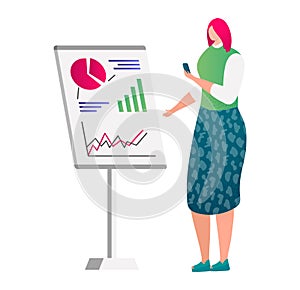 Woman presenting financial data on a chart. Businesswoman with red hair analyzes graphs. Professional conference