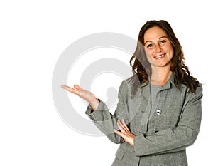 Woman in presenting gesture