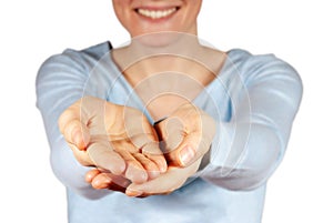 Woman presenting hands with copyspace
