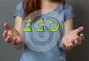 Woman presenting the illustrated word "Eco" between her hands