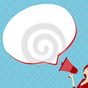 Woman Presenting Important Information with megaphone. Girl holding amplifier. Device in hand. Big White Speech Bubble