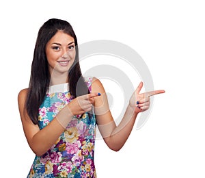 Woman is presenting or pointing with her finger.