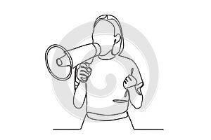 A woman presents her argument with a megaphone
