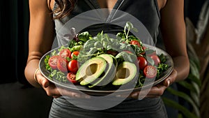 Woman presents a plate of salad with ripe avocado and tomatoes. Generative AI