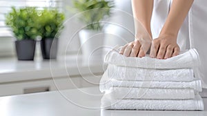 A woman presses down on a stack of folded white towels on a white table
