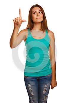 Woman presses touch screen points finger button