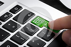 Woman pressing button RESET PASSWORD on laptop keyboard, closeup