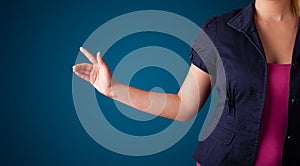 Woman pressing imaginary button