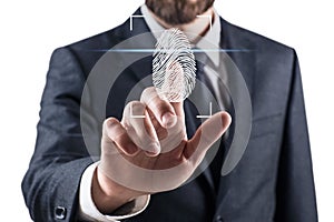 Woman pressing on virtual button with dactyloscopy scanner.