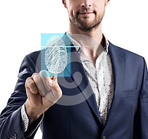 Woman pressing on virtual button with dactyloscopy scanner.