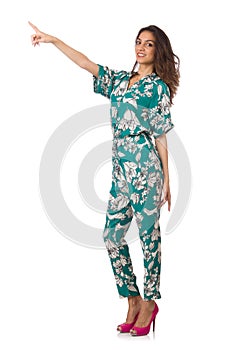 Woman pressing virtual button isolated