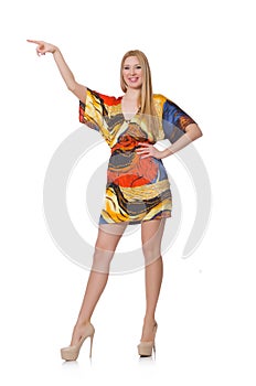 Woman pressing virtual button isolated