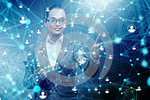 Woman pressing virtual button on social network concept