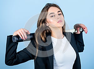 Woman pretty girl bear formal jacket and hold baseball bat. Pretty and dangerous. Life game. Business strategy