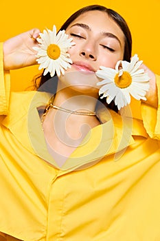 woman pretty yellow chamomile portrait happiness model flower smile young fun