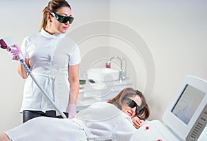 Woman in professional beauty clinic during laser hair removal. Epilation Treatment. Smooth Skin concept