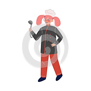 Woman Professional Chef Character with Laddle, Female Kitchener Wearing Traditional Uniform Working in Restaurant or