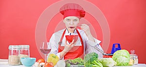 Woman professional chef hold bowl and spoon. Free healthy vegetarian and vegan recipes. Healthy raw food. Dieting