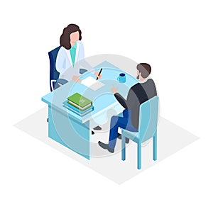 Woman professional doctor dialogue male character patient, record card patient health history isometric 3d vector