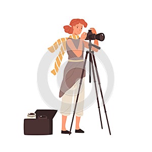 Woman professional photographer take photo use camera on tripod vector flat illustration. Female photographing having
