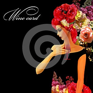 Woman profile on black background, wine card