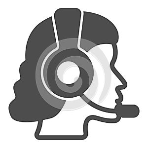 Woman profile in headphones and microphone solid icon, work concept, girl in headset vector sign on white background