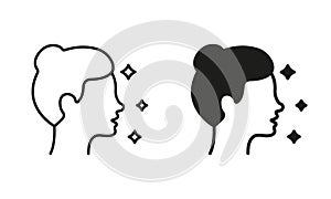 Woman Profile with Shine Skin Line and Silhouette Black Icon Set. Lady with Beauty Face and Hairstyle Pictogram. Female