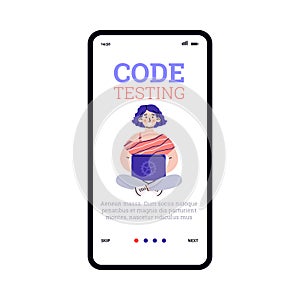 Woman programmer doing application development or code testing of software.