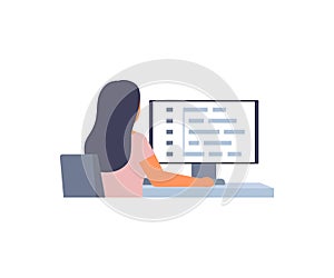 Woman programmer, software developer working on web development on computer, back view. Girl work script coding and