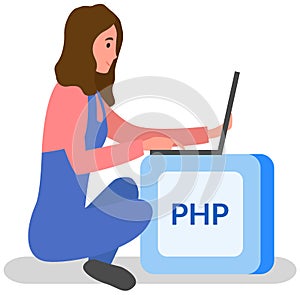 Woman programmer working withl aptop to create websites, programming or coding with text PHP