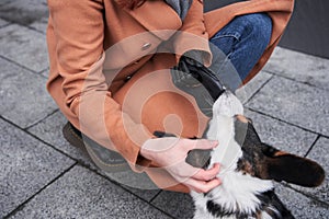 Woman with prosthesis arm scratching neck her dog