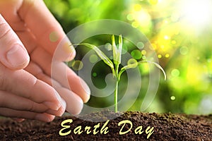 Woman protecting young green seedling in soil against blurred background. Earth Day