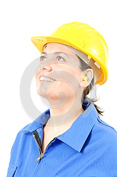 Woman with protective equipment and earplugs