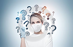 Woman in protective mask and question marks