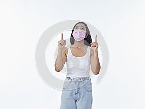 Woman with protective mask on white background