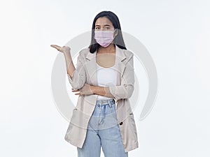 Woman with protective mask on white background