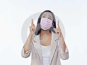 Woman with protective mask on white background