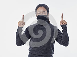 Woman with protective mask on white background