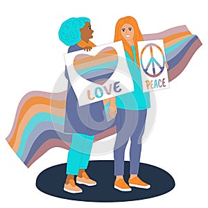 Woman protest. Lgbtq diversity rainbow supporting concept. Rainbow lgbt flag wave. Happy pride day. Love and peace slogan. Happy