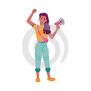 Woman protestor with megaphone, cartoon character