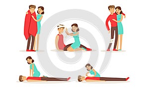 Woman provides first aid to a man. Vector illustration.