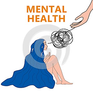 Woman with psychlogical problems in depression lying hugging knees with blue hair. Hand helps sad girl, mental health