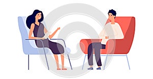Woman psychologist. Couple talking, flat man woman sitting on chairs. Psychotherapy session or psychological