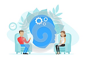 Woman Psychologist and Man Patient in Therapy Session, Psychotherapy Counseling Concept Flat Vector Illustration