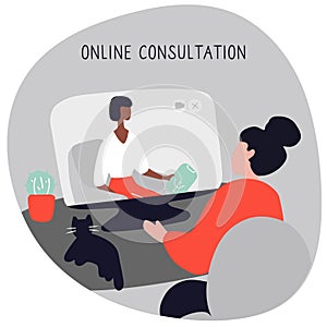 Woman at the psychologist online session. Doctor consultation by phone. Video call to psychiatrist. Online psychological therapy.