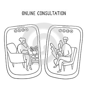 Woman at the psychologist online session. Doctor consultation by phone. Video call to psychiatrist. Online psychological therapy.