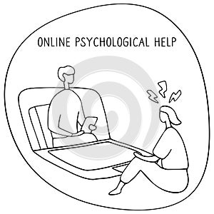 Woman at the psychologist online session. Doctor consultation by phone. Video call to psychiatrist. Online psychological therapy.