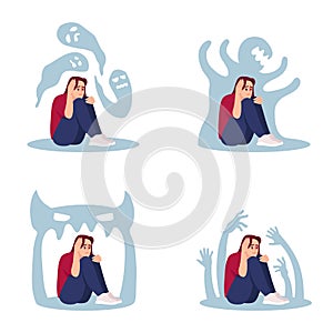 Woman with psychosis flat vector illustrations set