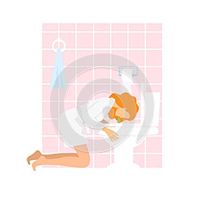 Woman pukes in the toilet. Woman Experiencing Morning Sickness. signs of pregnancy symptoms.