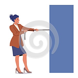 Woman Pull on Rope Huge Rectangular Puzzle Piece. Teamwork Cooperation, Solution, Creative Business Idea Concept